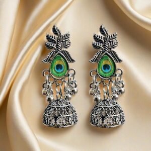 Peacock Feather Oxidized Jhumka Earrings