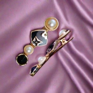 Elegant Pearl & Black Stone Hair Clip